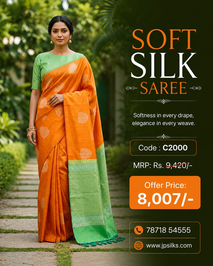 Rust Orange & light Green Soft Silk Saree - C2000