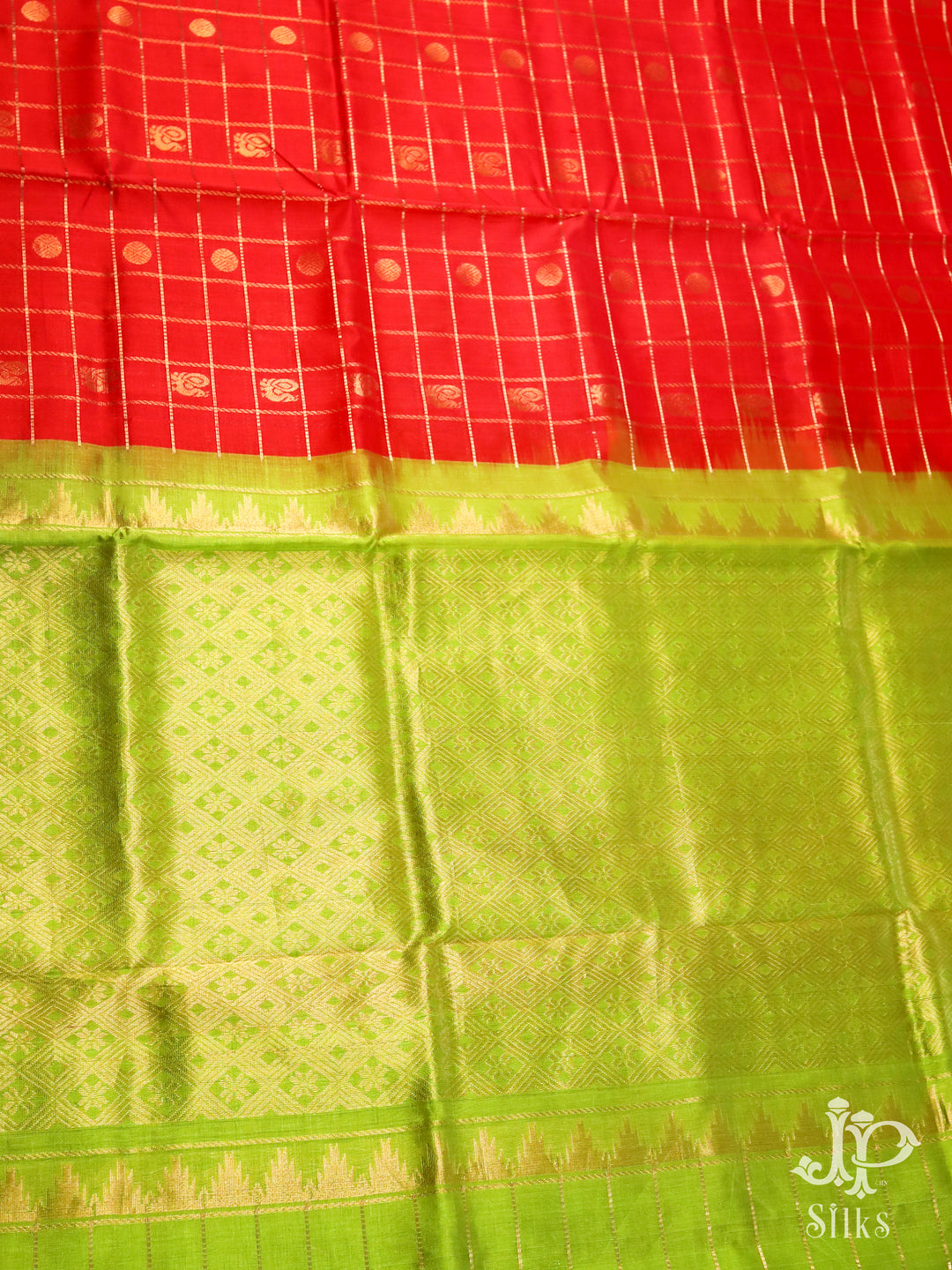 Red and Pista Green Silk Cotton Saree - A4917 - View 4