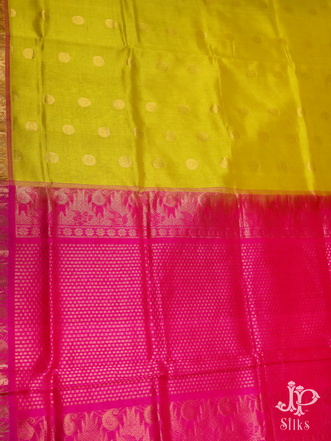 Olive Green and Rani Pink Silk Cotton Saree - D7413 - View 3