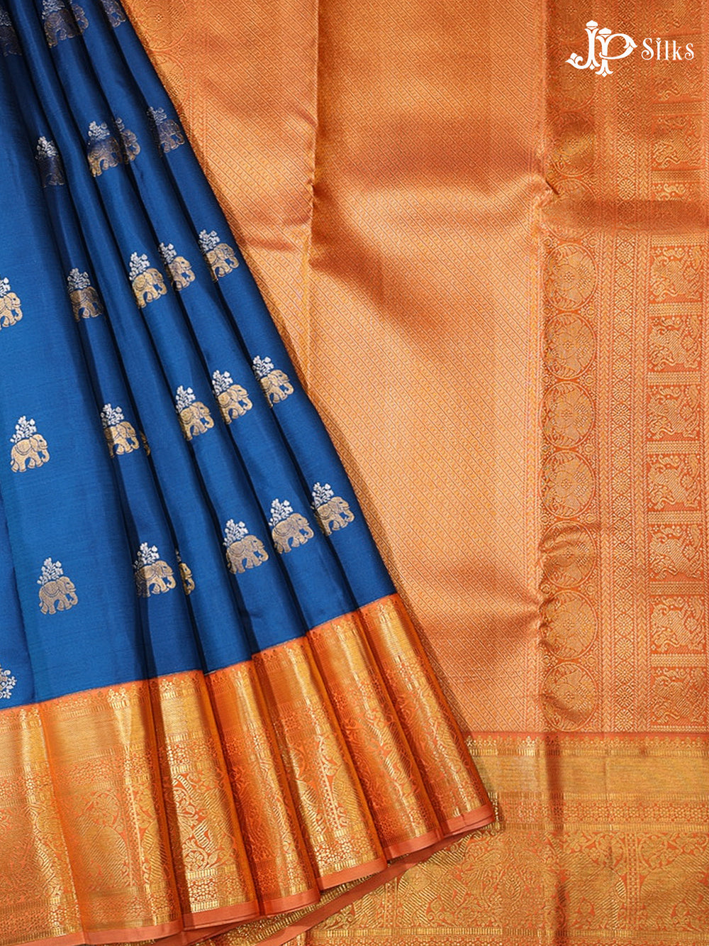 Cobalt Blue & Dark Peach Kanchipuram Silk Saree - G849 -view2