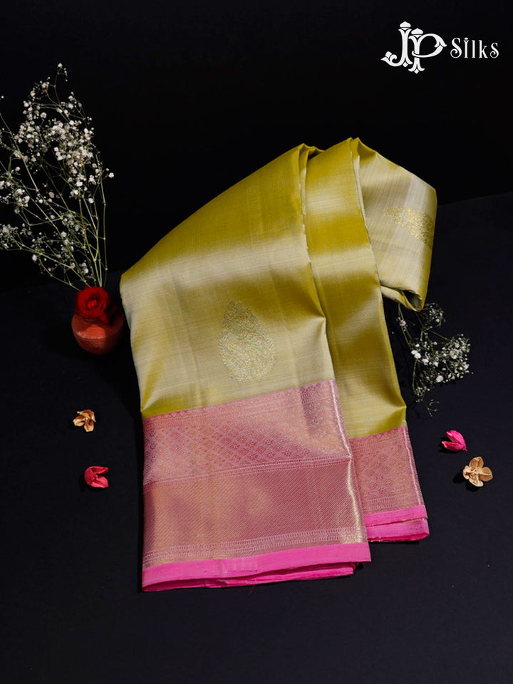 Pastel Lemon Green with Candy Pink Zari Kanjivaram Silk Saree - G40