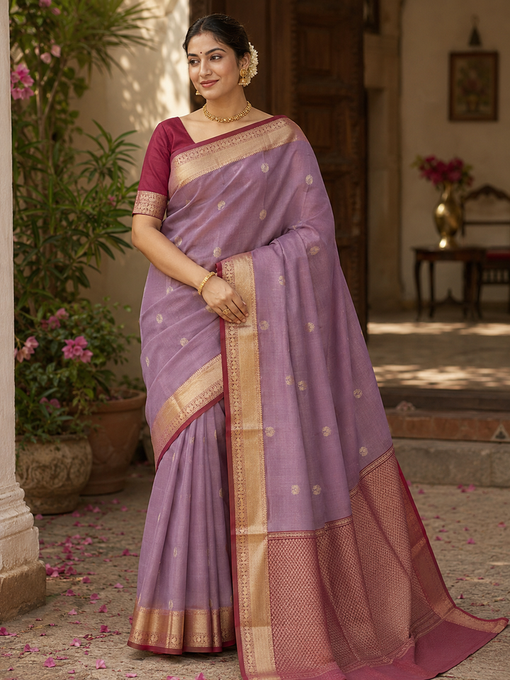 Lavender Purple & Maroon Pure Silk Mix Saree - G922