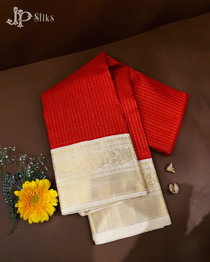 Red And Half White Kanchipuram Silk Saree - F3485