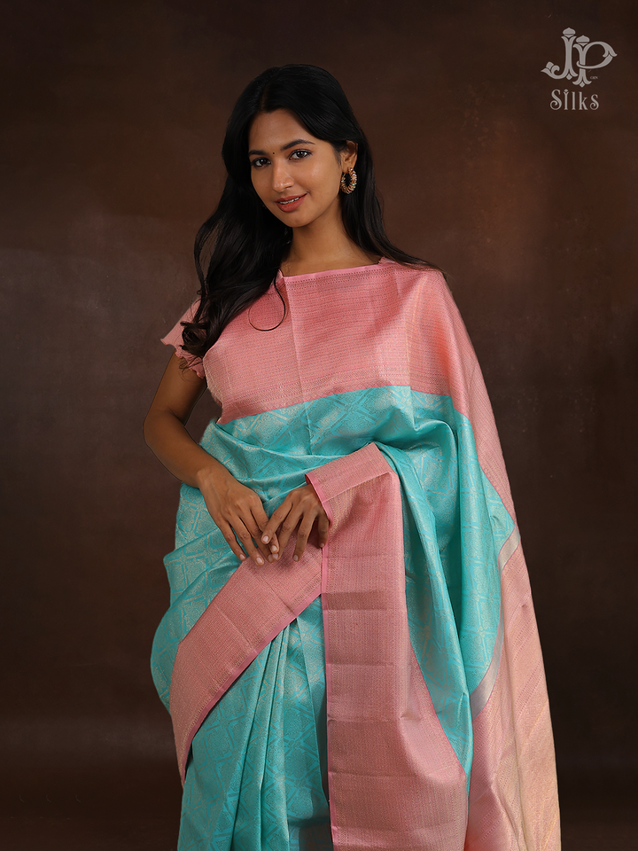 Baby pink  with light teal green colour Kanchipuram Silk Saree - E5221