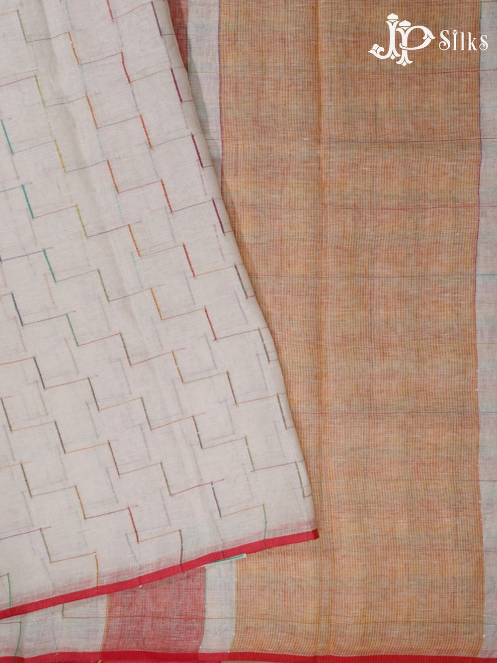 White & Multicolour Linen Saree - G610 - view2