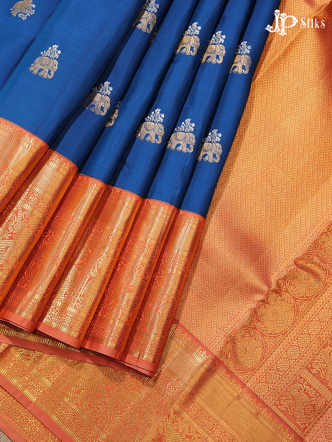 Cobalt Blue & Dark Peach Kanchipuram Silk Saree - G849 -view4