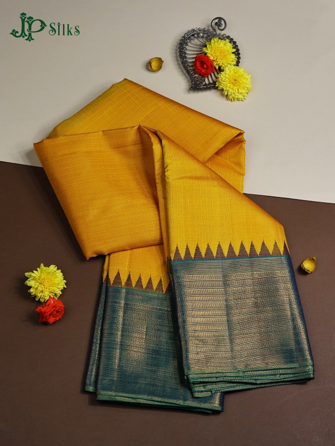 Lemon Yellow with Dark Green Kanchipuram Silk Saree - E5122 - View 1