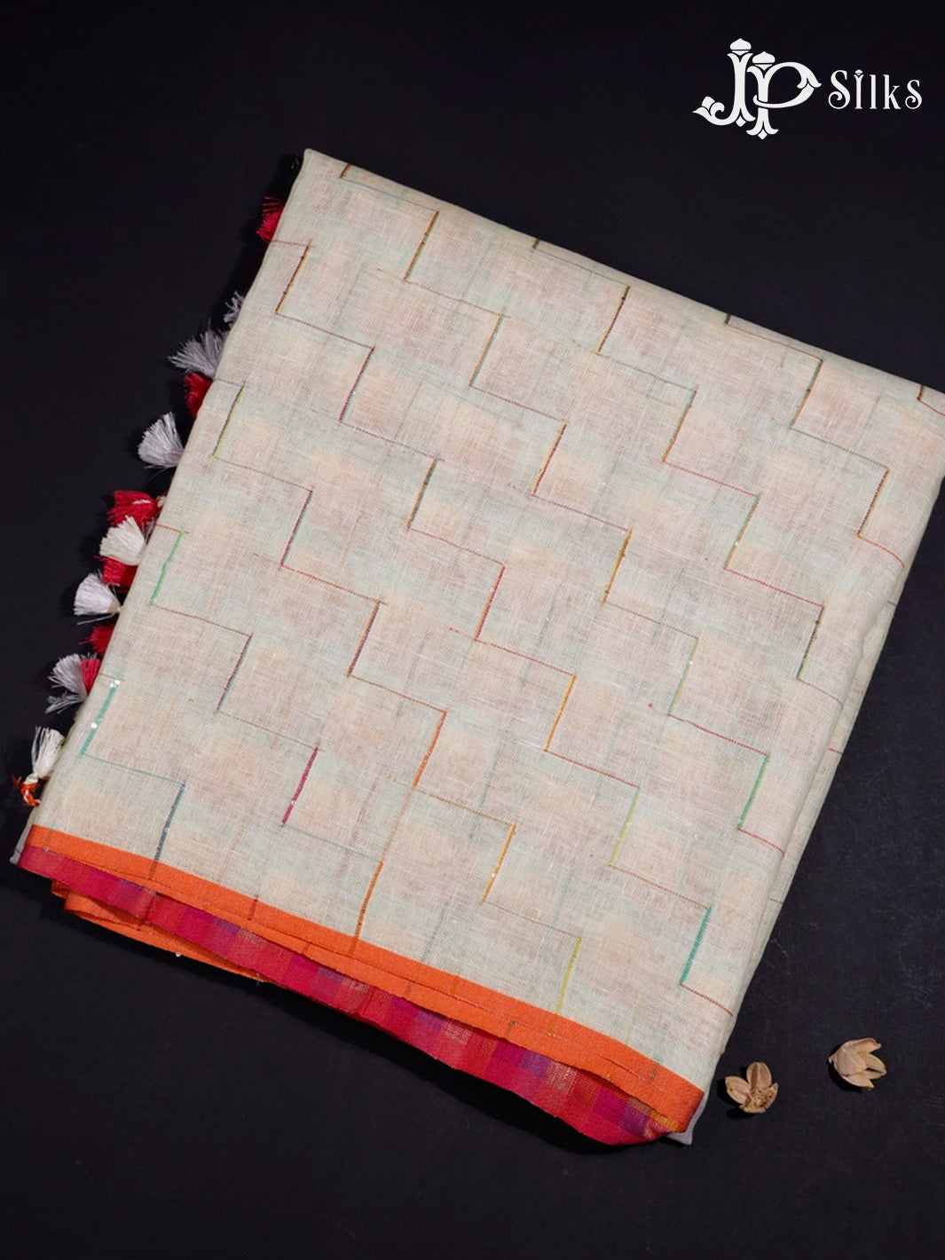 White & Multicolour Linen Saree - G610- view1 