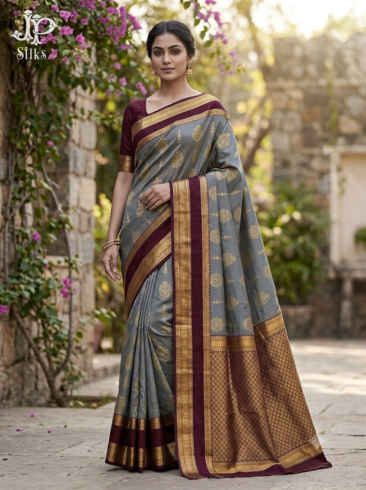 Grey & Coffee Brown Pure Silk Mix Saree - G837