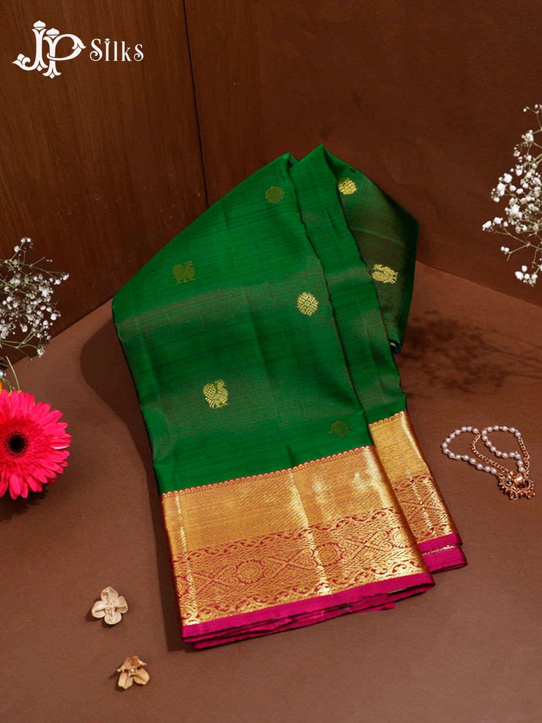 Bottle Green and Pink Kanchipuram Silk Saree - G364 “View1”