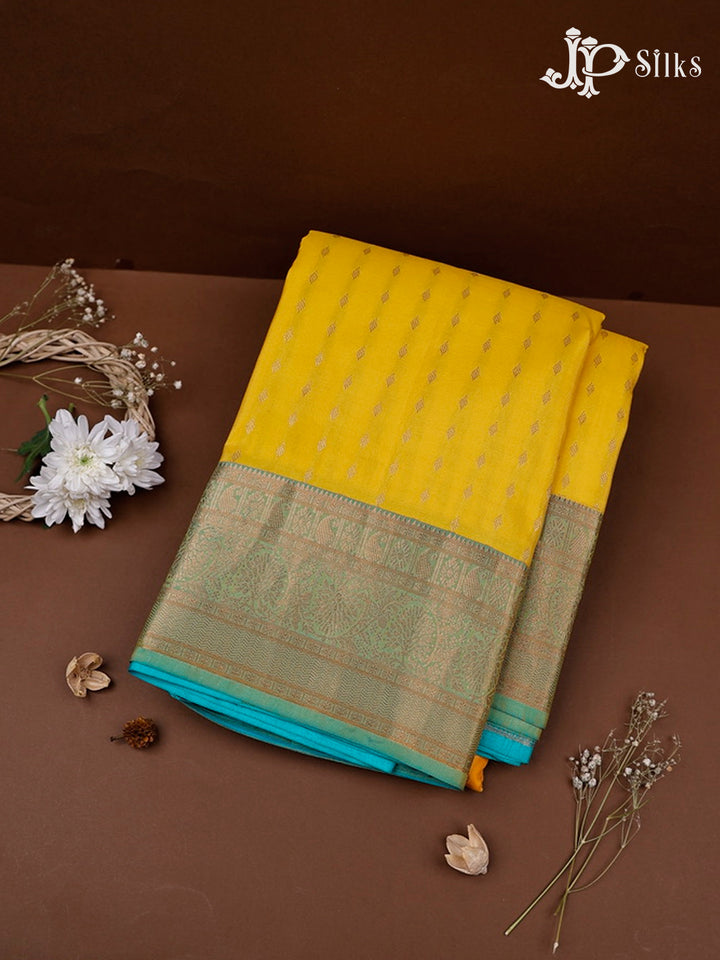 Yellow And Teal Green Kanchipuram Silk Saree - E238