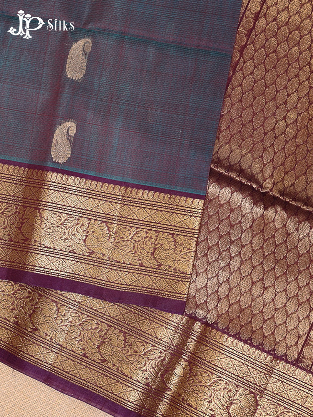 Steel Blue and Deep Purple Kora Cotton Saree - G921
