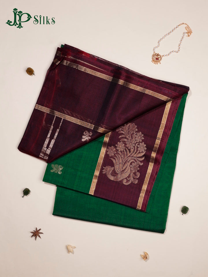 Bottle Green & Brown Kora Cotton Saree - G331-view1