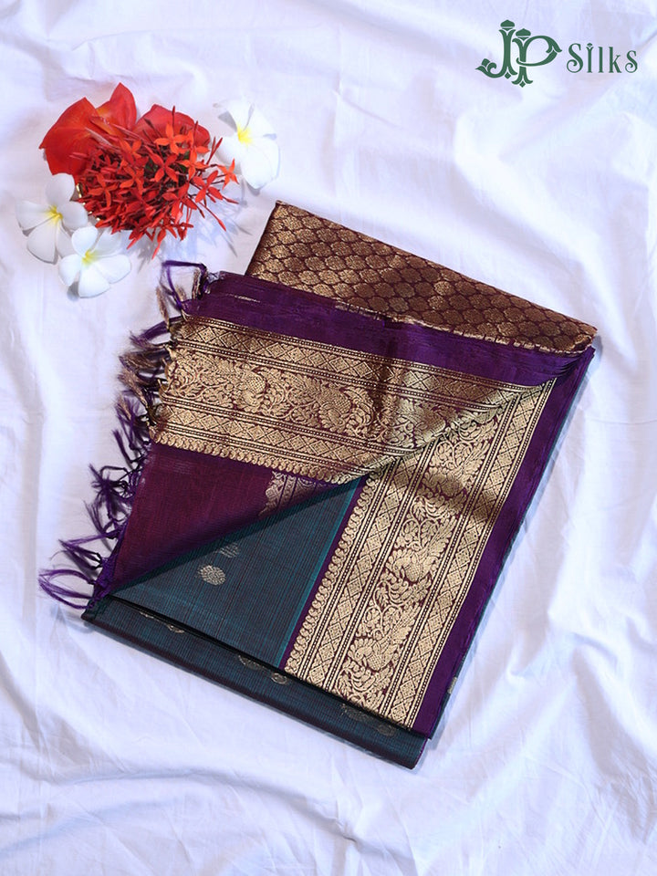 Steel Blue and Deep Purple Kora Cotton Saree - G921