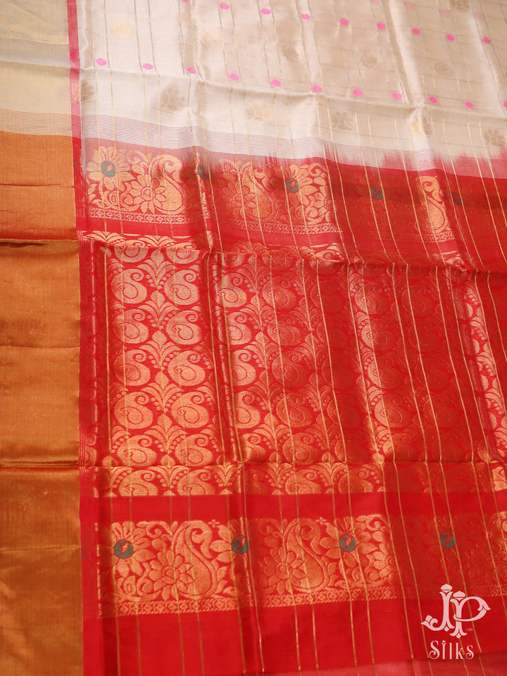 Off-White and Red Silk Cotton Saree - D34 - View 4