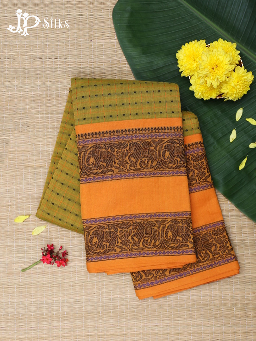 Green & Mustard Yellow Kanchi Cotton Saree - D9774-view1