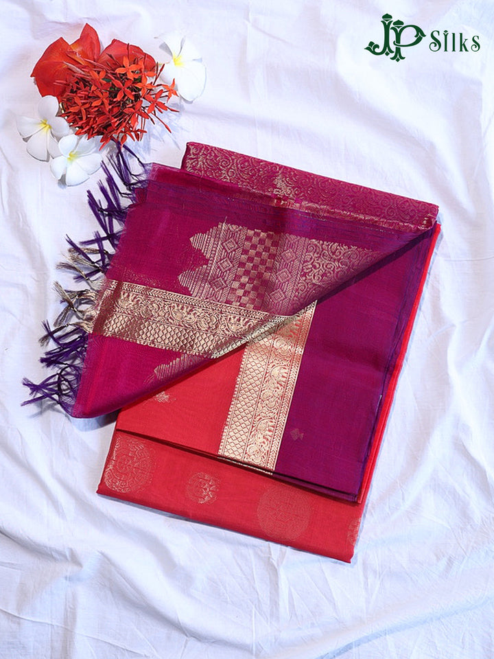 Reddish Pink & Deep Purple Kora Cotton Saree - G827