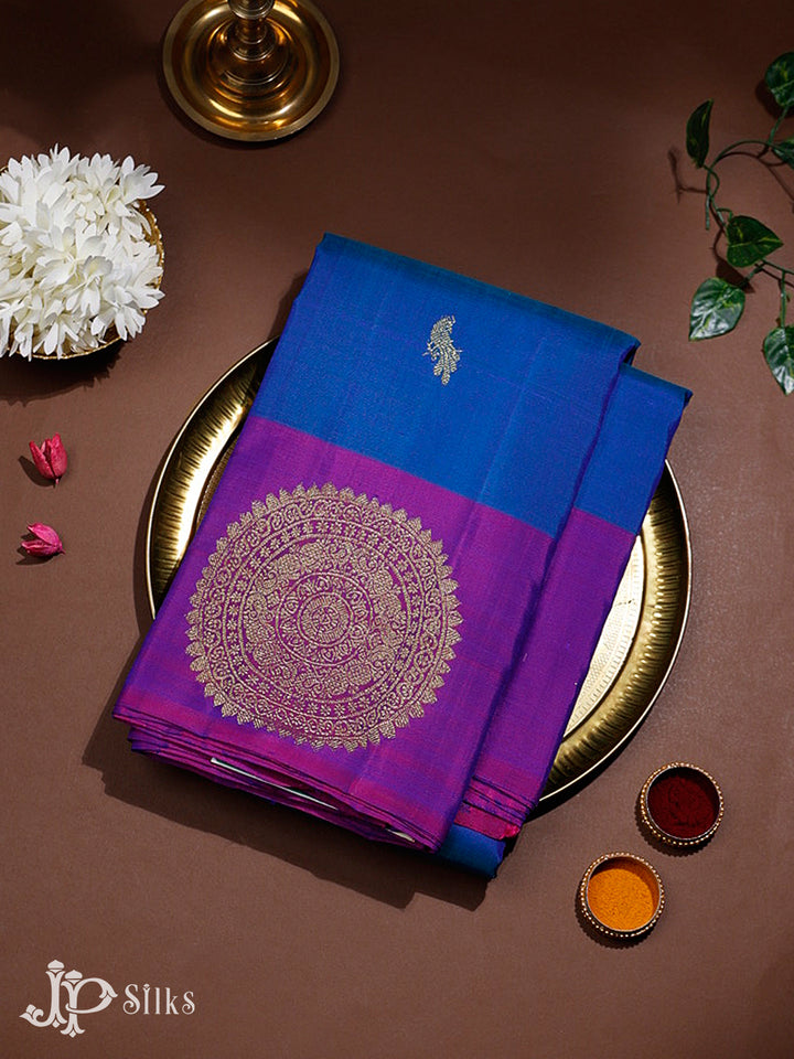 Peacock Blue & Purple Kanchipuram Pure Silk Saree - F7