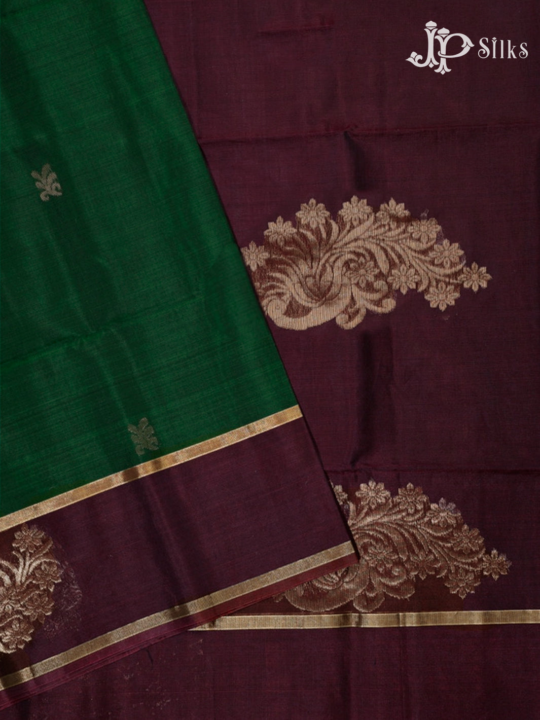 Bottle Green & Brown Kora Cotton Saree - G331-view2