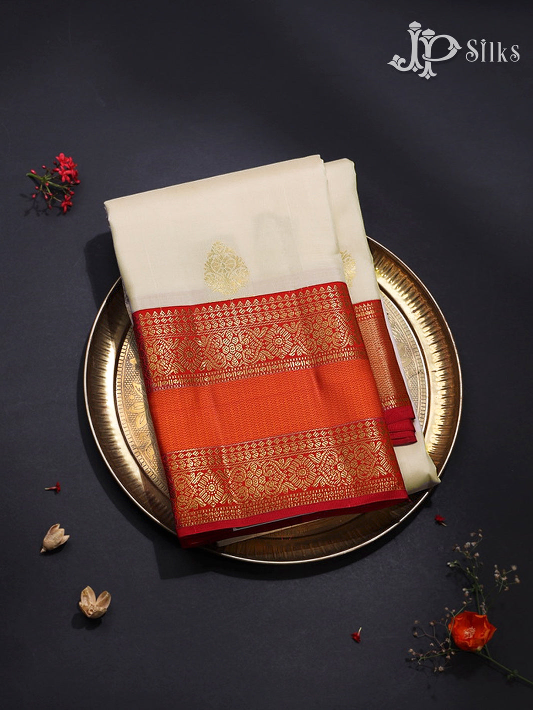 Cream & Red Kanchipuram Silk Saree - H19