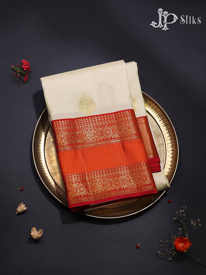 Cream & Red Kanchipuram Silk Saree - H19