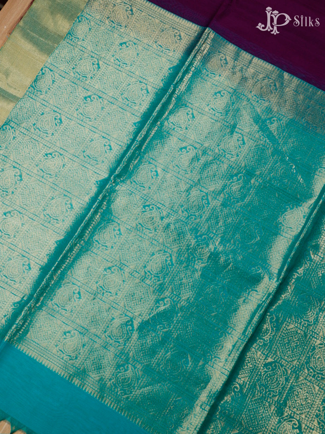 Purple and Teal Blue Kora Cotton Saree - G334