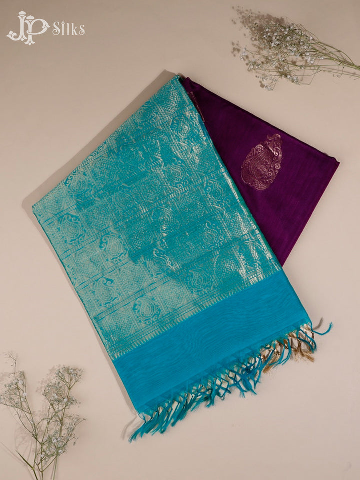 Purple and Teal Blue Kora Cotton Saree - G334