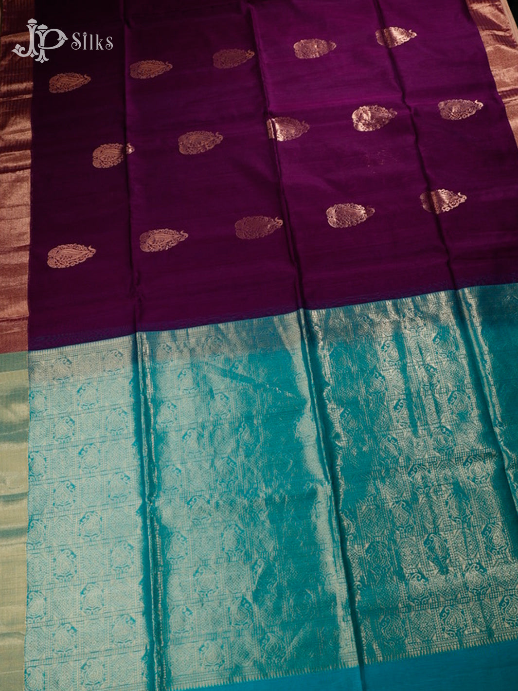 Purple and Teal Blue Kora Cotton Saree - G334