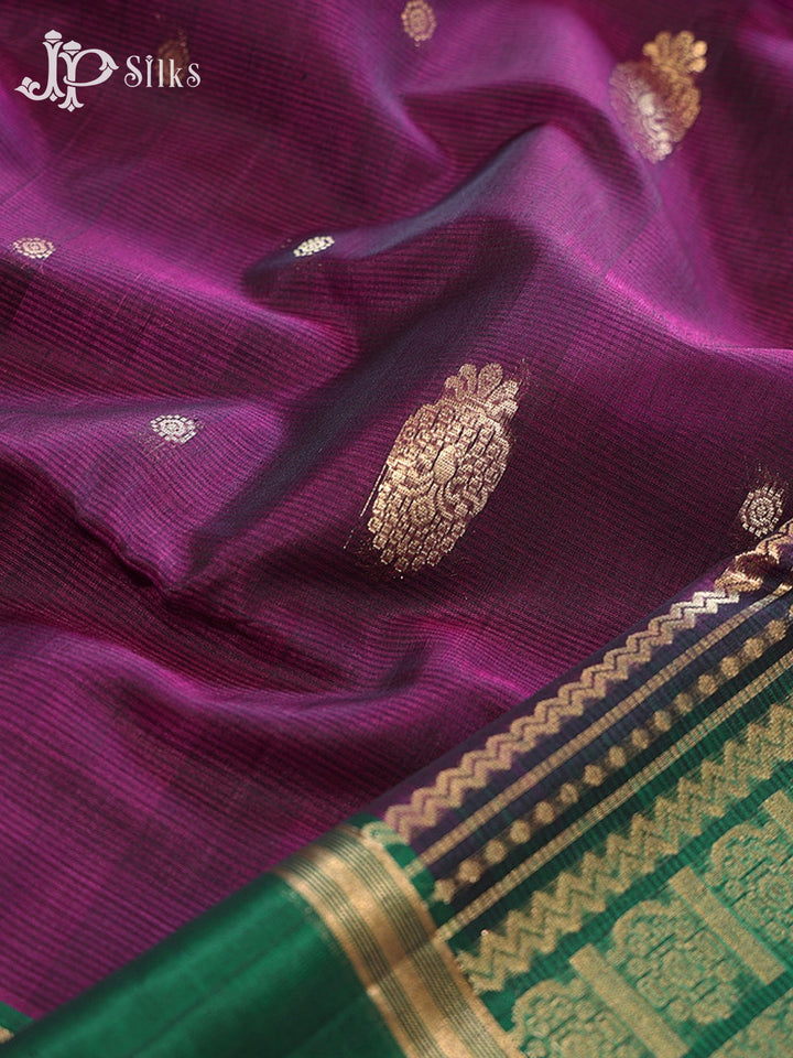 Dark Purple and Bottle Green Kora Cotton Saree - G915