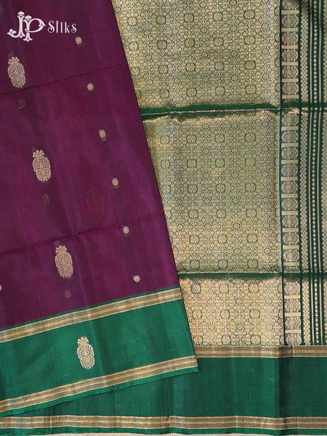 Dark Purple and Bottle Green Kora Cotton Saree - G915