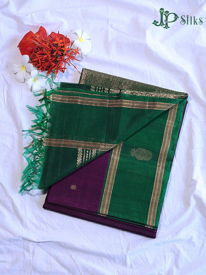 Dark Purple and Bottle Green Kora Cotton Saree - G915