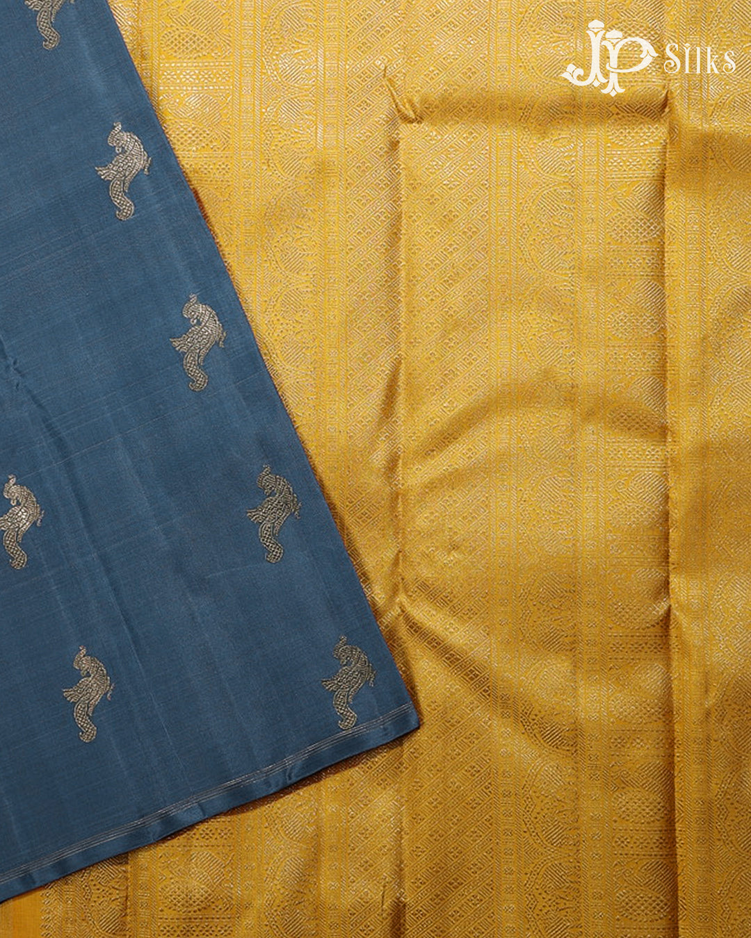 Blue Grey & Yellow Kanchipuram 2G Zari Silk Saree - H8
