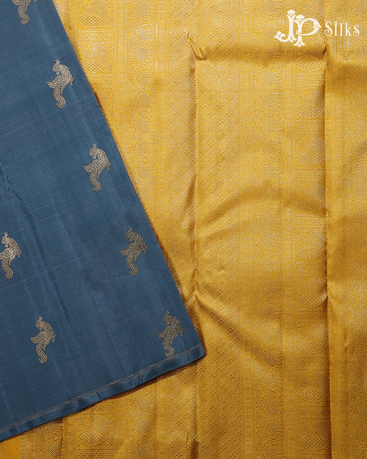 Blue Grey & Yellow Kanchipuram 2G Zari Silk Saree - H8