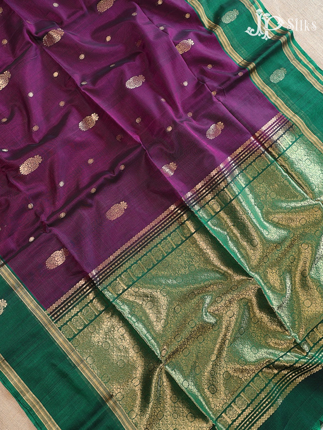 Dark Purple and Bottle Green Kora Cotton Saree - G915
