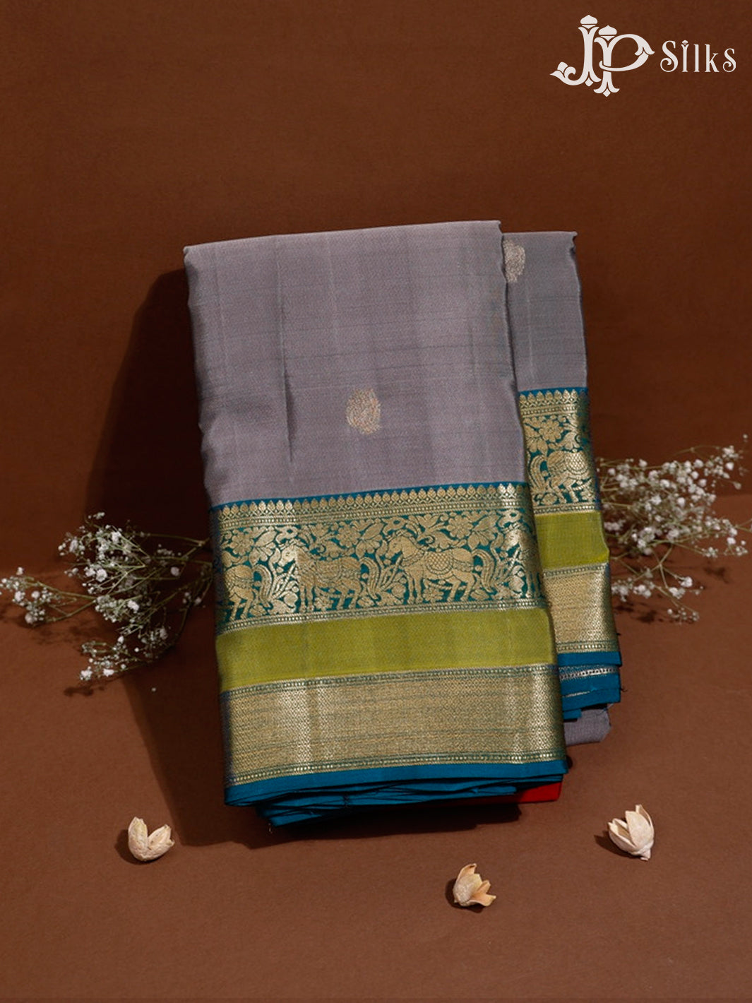 Grey & Rama Green Pure Silk Mix Saree - G348-view1