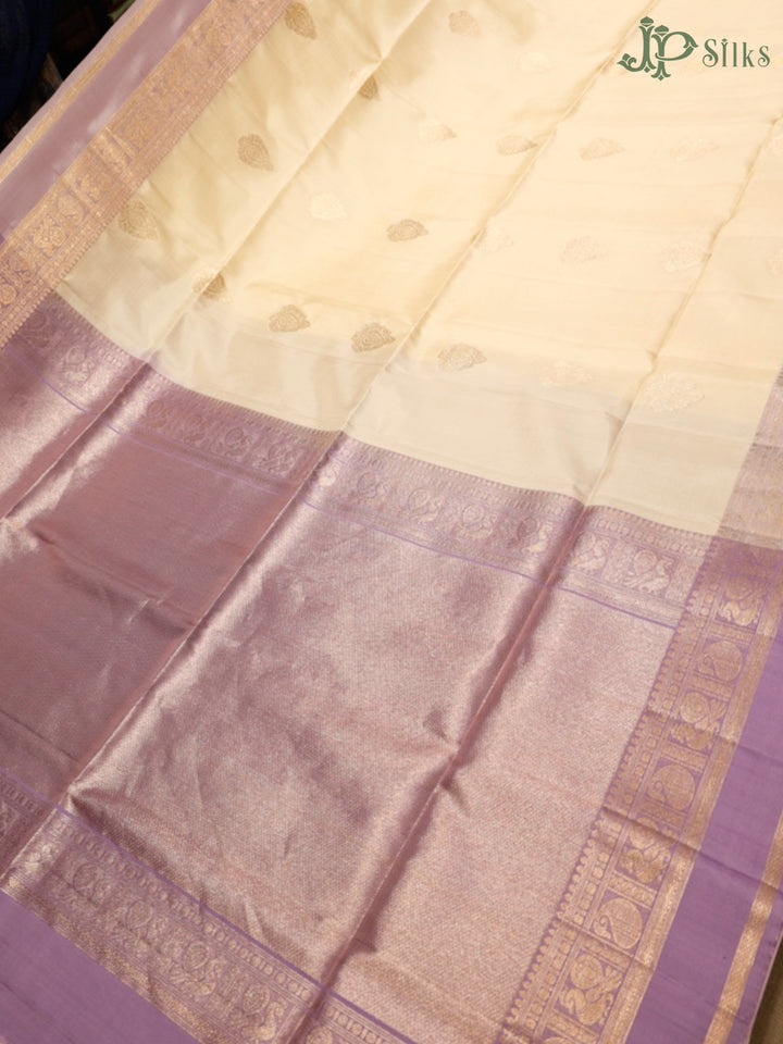 Milk White and Light Lavender Soft Silk Saree - G356