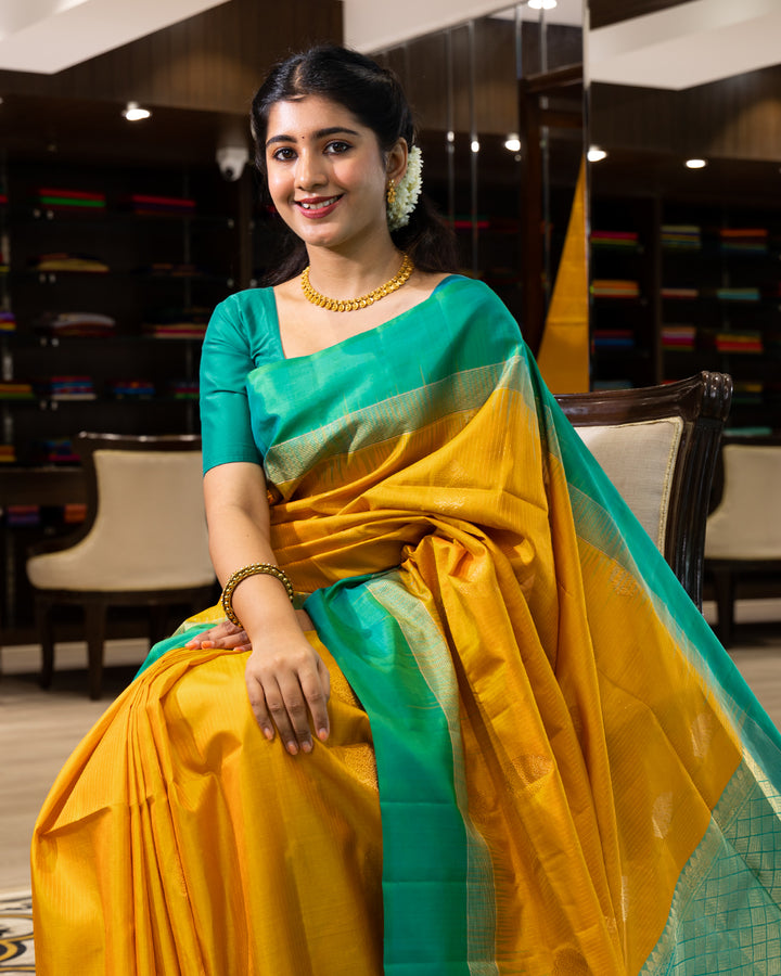 Yellow And Teal Green Soft Silk Saree - F2749