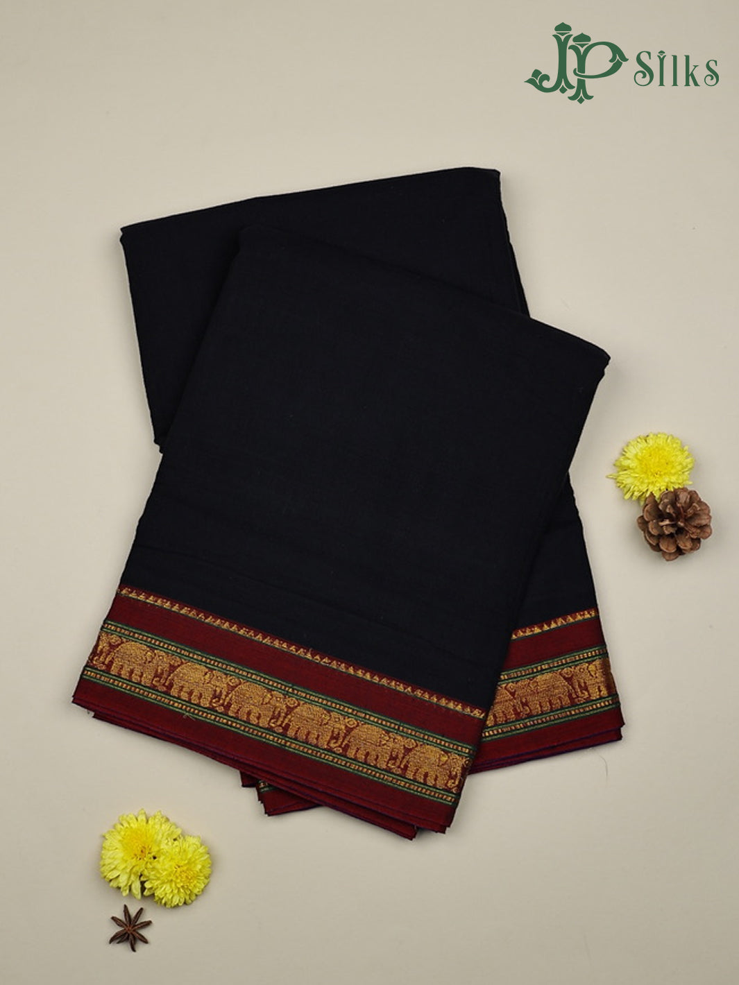 Black with Maroon Cotton Saree - E2775- View 1