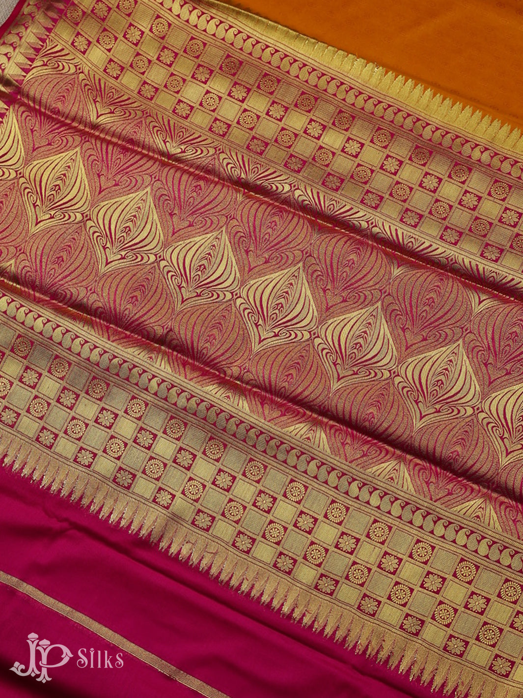 Mustard with Rani Pink Semi Mysore Silk Saree - F2421 - View 5