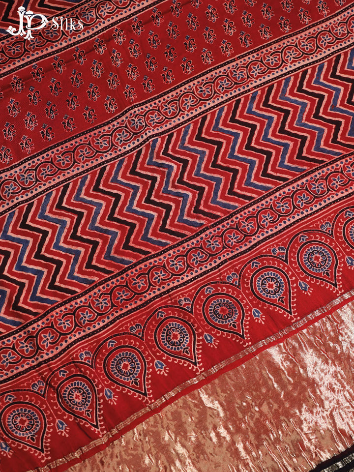 Maroon, Blue and Black Ajrakh Modal Silk Fancy Saree - E5051 - View 6