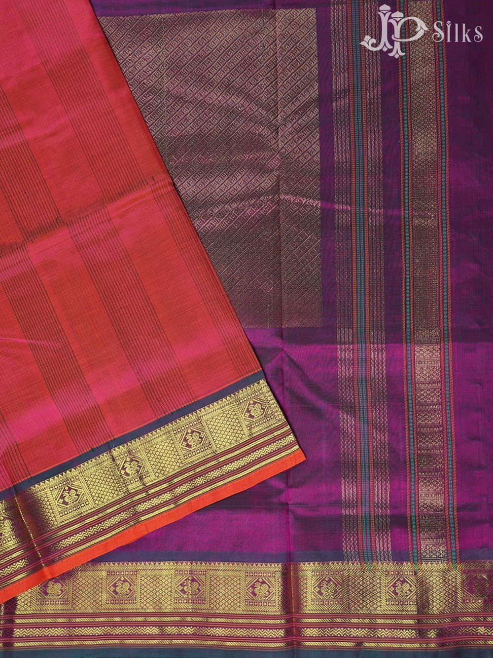 Reddish Pink with Purple Silk Cotton Saree - D211 - View 2