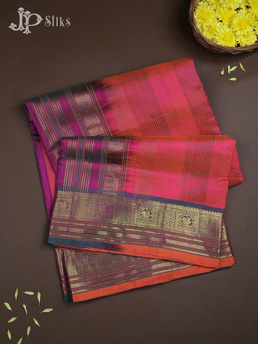 Reddish Pink with Purple Silk Cotton Saree - D211 - View 1