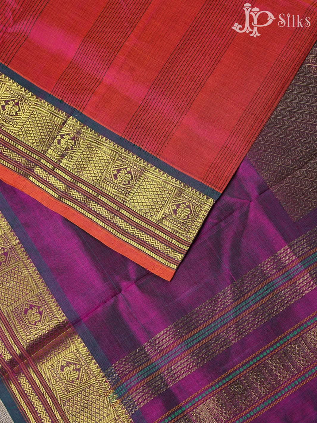 Reddish Pink with Purple Silk Cotton Saree - D211 - View 4