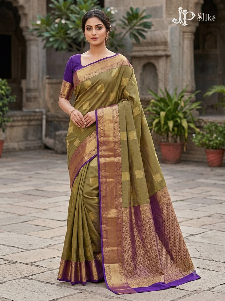 Olive Green & Dark Violet Pure Silk Mix Saree - G820